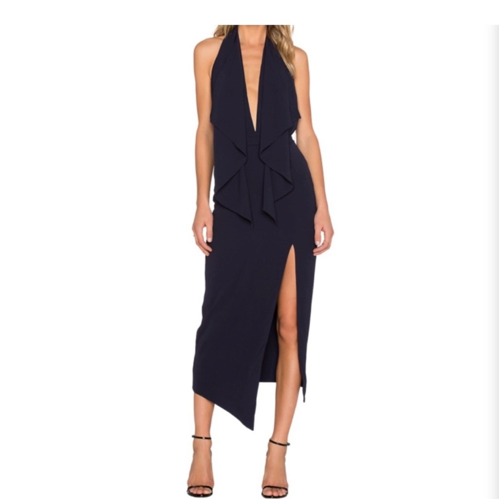 MISHA COLLECTION Navy Lorena midi backless halter dress NWT